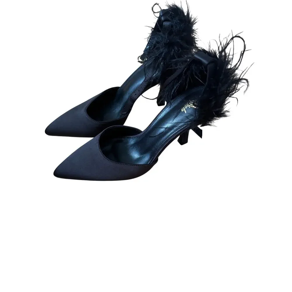 Black Satin Feather Trim Pointed Toe Stiletto Heels Women’s Size EU 38 US 7.5 - Picture 5 of 10